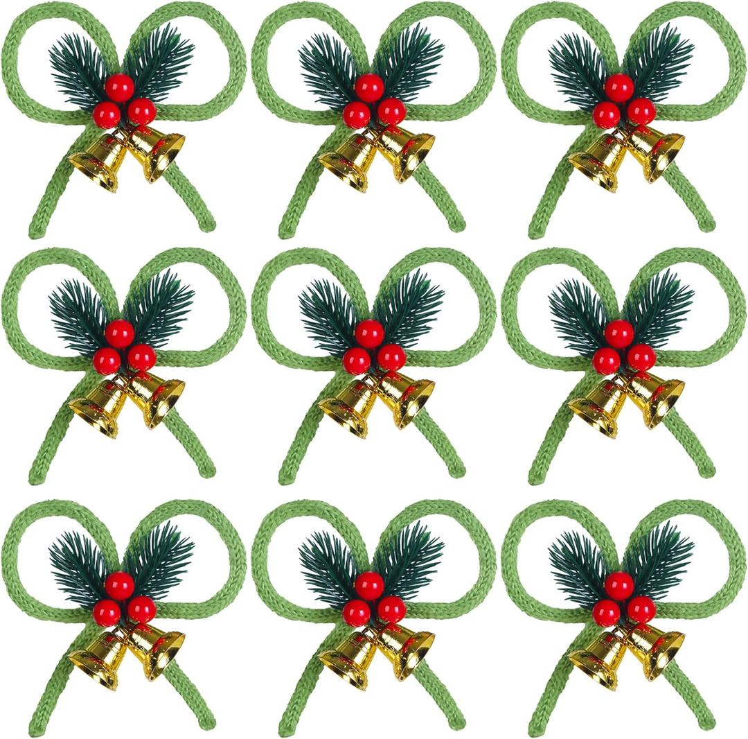 2 x 9 PCS Green Christmas Tree Bows 4.5" Xmas Wreath Bow with Pine Needles Berries Jingle Bells Bowknot Christmas Tree Ornaments for Garland Party Crafts DIY Gift Wrapping Decoration
