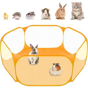 Amakunft Small Animal Playpen, Pop-Up Portable Play Yard for Guinea Pigs, Rabbits, Hamsters, Hedgehogs, Foldable Exercise Fence with Breathable Mesh for Indoor Outdoor Use (Orange)