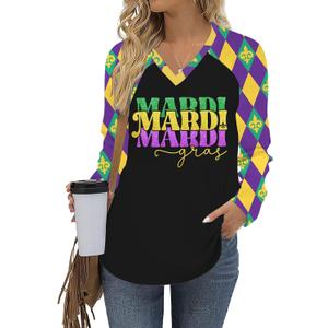 Mardi Gras Shirts for Women Funny Carnival Tuesday T Shirt New Orleans Party Shirt Mardi Gras Outfit Long Sleeve Tops (L)