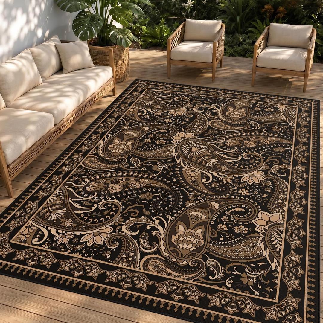 Arenarug Paisley Waterproof Outdoor Rug 4x6, UV Resistant, Taupe | Machine Washable, Easy to Clean, Non Slip, Faux Linen Outdoor Carpet for Patio, Deck Balcony Backyard