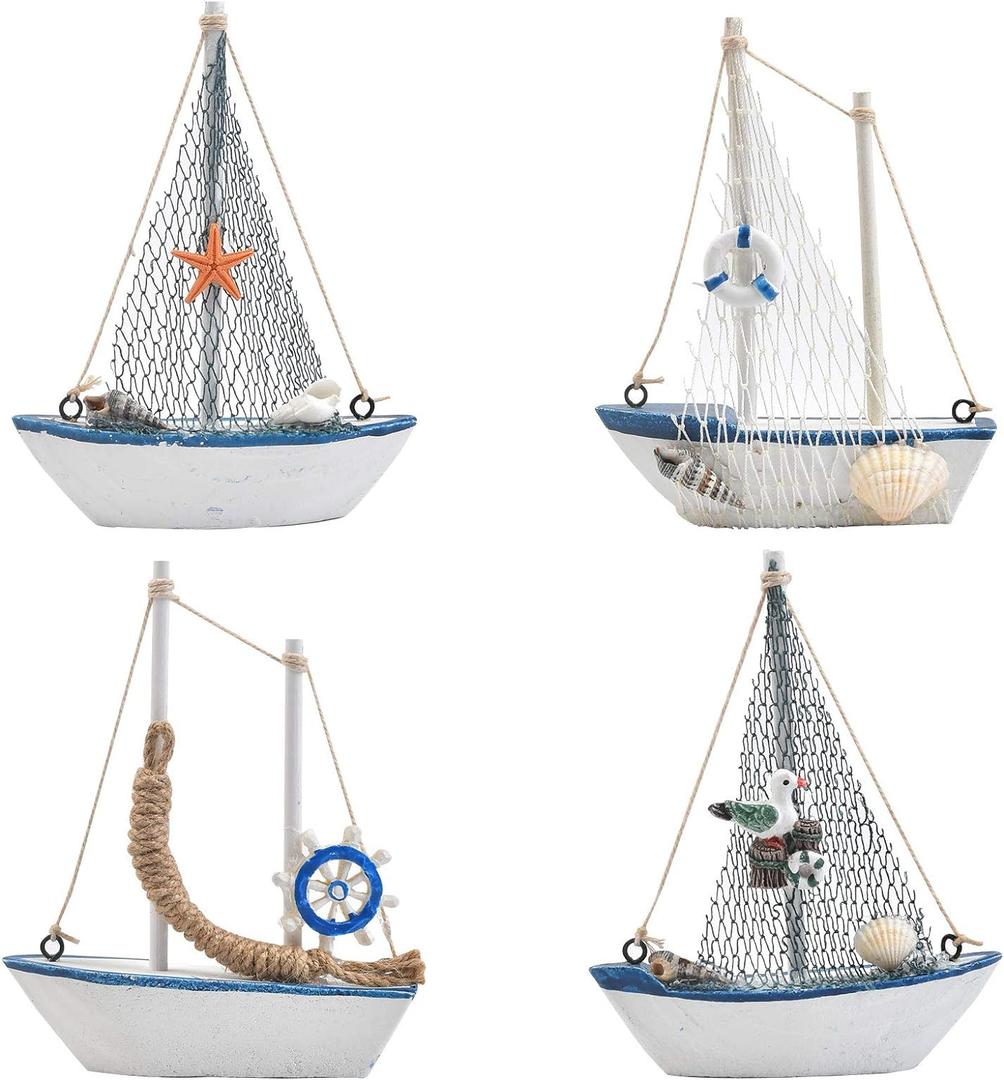 BUYGOO Mini Sailboat Model Decoration - 4-Piece Wooden Miniature Sailing Boat Home Decor Set