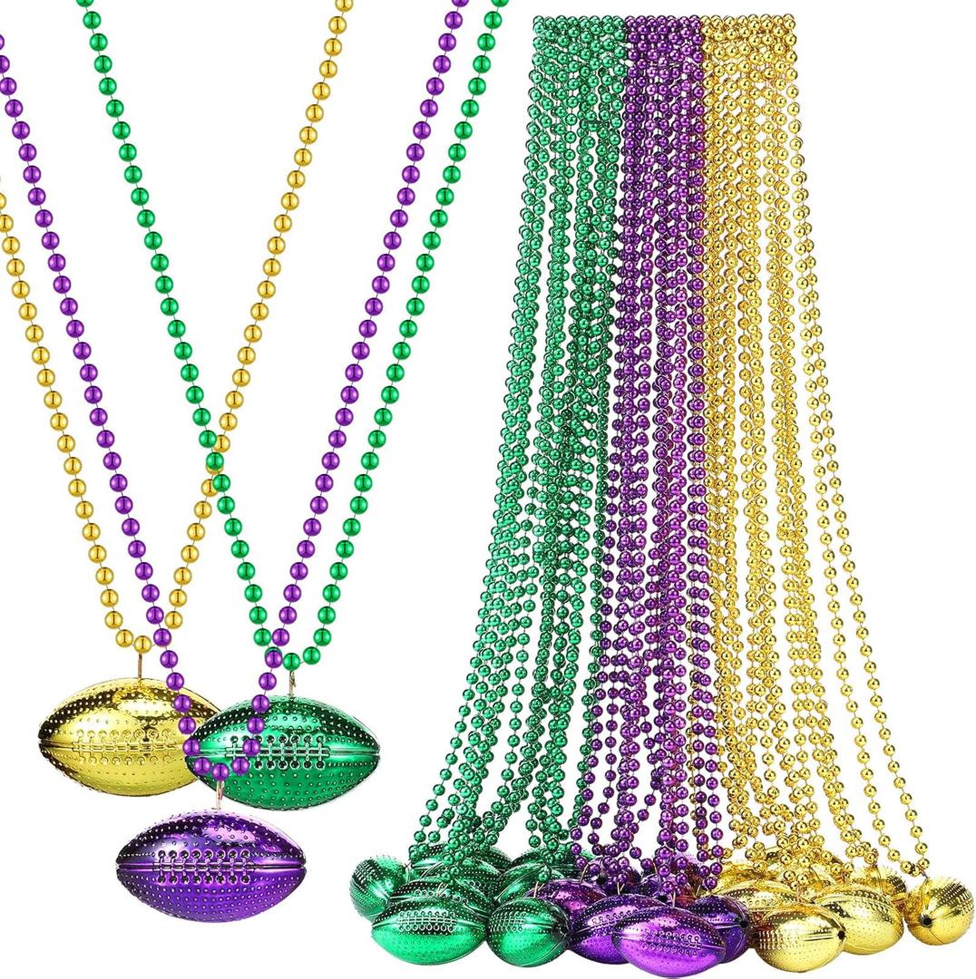 XunYee 24 Pcs Mardi Gras Bead Necklaces Yellow Green and Purple Football Bead Necklaces Throws Bulk Football Pendant Party Decorations for Festival Mardi Gras Celebrations Decorations