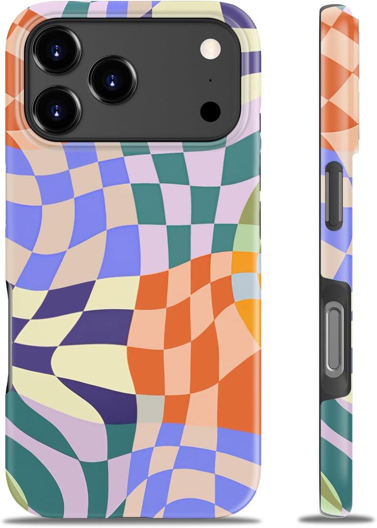 Goodon for iPhone 17 Pro Case - Wireless Charging - Dual-Layer Hard Shell & Silicone Cover - Protective Phone Case with Cute Wildflower Designs for Women - Colorful Checker Mosaic