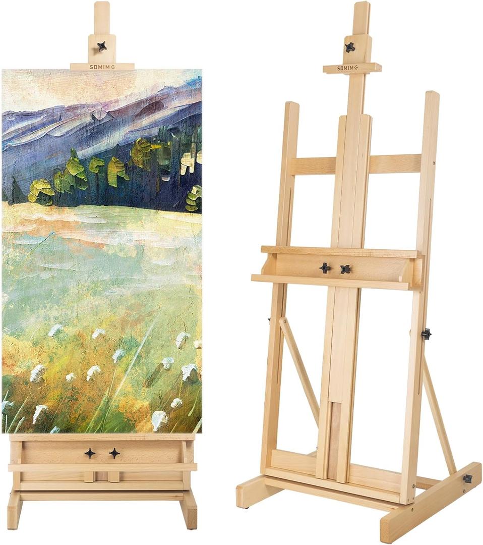 H-Frame Studio Easel, Solid Beechwood Artist Easel with Storage Drawer, Adjustable Wooden Painting Easel Holding Canvas up to 78" High, Natural