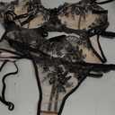 Lilosy Sexy Floral Embroidery Mesh Sheer Underwire Push Up Garter Belt Lingerie Set 3 Piece (Large, Black)