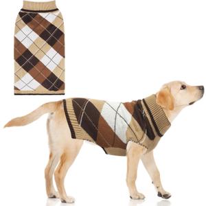 KOOLTAIL Dog Sweater Pet Knitted Clothes - Classic Plaid Pullover Turtleneck Thick Warm Fall Dog Sweaters with Leash Hole, Soft Dog Winter Clothes for Small Medium Large Dogs Cats Puppy Girls Boys, L (Khaki)