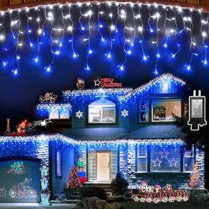 612 LED String lights Indoor Outdoor, 60ft Christmas Window Lights with 136 Drops 12 Modes, Dimmable Curtain Lights, Fairy Lights for Bedroom Holiday Wedding Party Home Decorations, Blue & White
