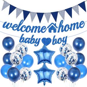 Welcome Home Baby Decorations Boy - 22 Pcs Blue Glitter Banners Foil Star Confetti Latex Balloon Triangle Pull Flag Set for Boys Oh Baby Shower Newborn House Party Gender Reveal Decoration