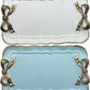 Cayway 2 PCS Vintage Decorative Tray, Vintage Resin Tray, Bow-Knot Resin Dish Plate for Towel Tray, Fruit Trays Rings Bracelets Earrings Holder, White and Blue