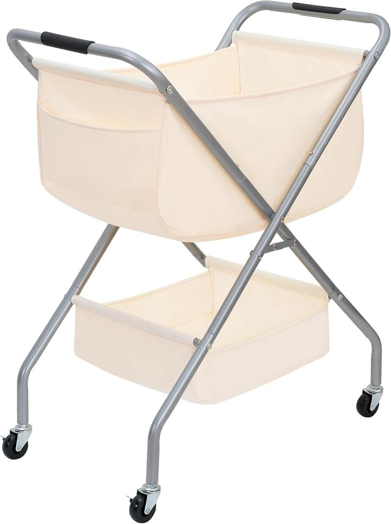 STORAGE MANIAC Collapsible Laundry Cart with Wheels 31.5"H Rolling Laundry Hamper Clothes Basket with Wheels, Canvas Liner Sturdy Steel Frame Folding for Small Narrow Space Easy Storage, Beige