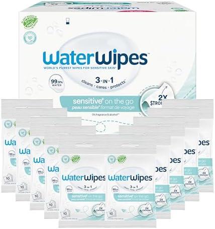 WaterWipes Sensitive+ On The Go Wipes, 3-In-1 Cleans, Cares, Protects, 99.9% Water, Unscented & Hypoallergenic Wet Wipes, 80 Count (8 Packs)
