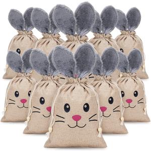 Woanger 10 Pcs Easter Bunny Bags with Drawstring 7.9 x 10.2 Inch Easter Burlap Bags Rabbit Ears Furry Bunny Bag Cookies Chocolate Party Favors Gift Candy Egg Hunts Stuffer for Kids Girls