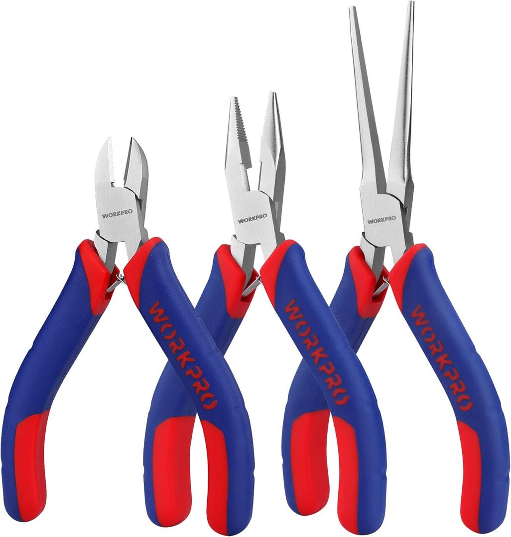 WORKPRO Mini Pliers Set, 3-Piece Small Pliers Tool Kit Includes 4 Diagonal Plier, 5 Long Nose Plier, 6 Needle Nose Plier, for Making Crafts, Repairing Electronic Devices