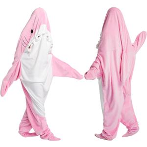 Shark Blanket Hoodie Onesie for Adult Kids, Cozy Flannel Throw Wearable Blanket, Cartoon Animals Shark Onesie Shark Costume (Large, Pink)