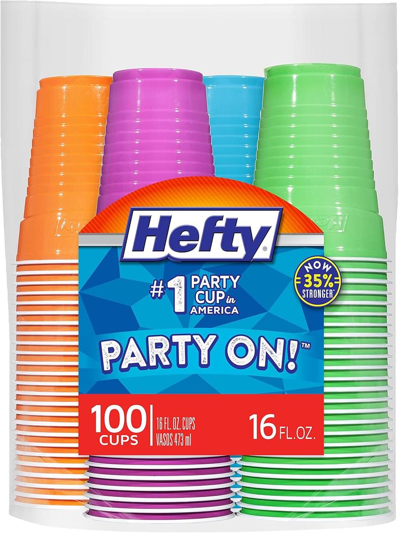 Hefty Party On Disposable Plastic Cups, Assorted, 16 Ounce, 100 Count Hefty Party On Disposable Plastic Cups, Assorted, 16 Ounce, 100 Count