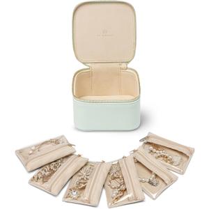 Vlando Travel Jewelry Organizer,Small Jewelry Case Box with 6 Velvet Clear Jewelry Storage Zipper Pockets, Girls Women Gift Ideas for Wedding Party Thanksgiving Christmas-Mint Green
