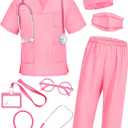 ICECUTE Doctor Scrubs for Kids, 7 Pcs Scrubs Costume with Accessories, Halloween Costume for Boy Girls, 3-11 Years (Pink, 10-11Years)