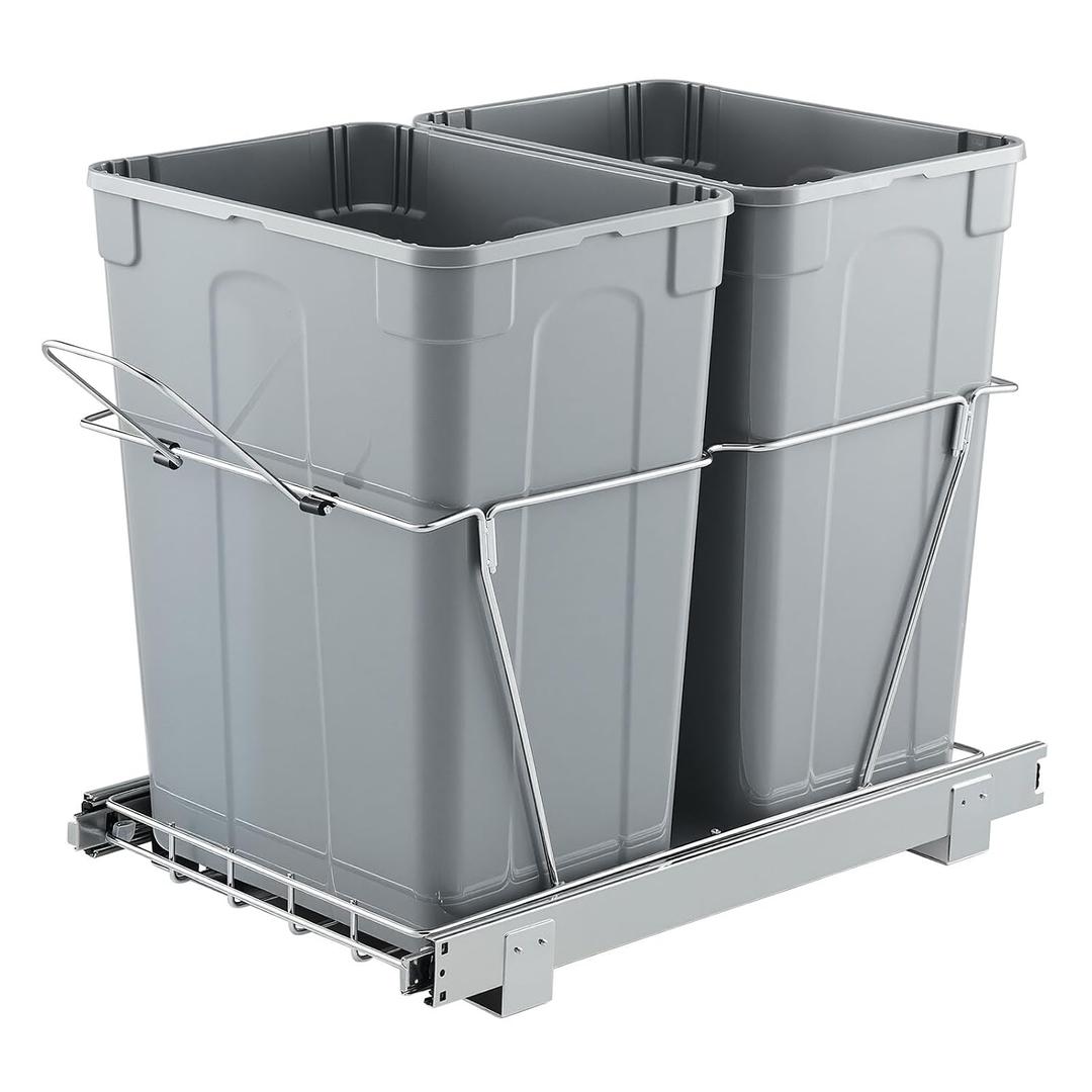 VEVOR Pullout Trash Can for Kitchen Cabinets, 35 QT x2 Double Under Sink Garbage Waste Recycling Bin, Under Mount Waste Container, with Heavy Duty Metal Full Extension Sliding System and Handle Grey
