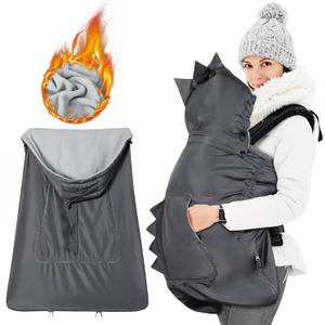 Orzbow Baby Carrier Cover Winter, Universal Baby Carrier Rain and Wind Cover with Pockets, Detachable Hood and Storage Bag, Waterproof & Windproof, Dark Grey Dinosaur (3 Season)