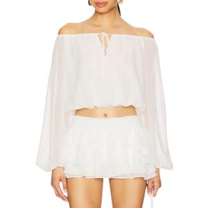 SUNNOW Women's Chiffon Off-Shoulder Elegant Flowy Blouse Tops Long Sleeve Blouse for Casual Party (White, M)