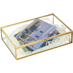 HighFree Gold Glass Photo Box - Vintage Photo Storage Organizer - Keepsake Display Box - Clear Jewelry Glass Box - Home Decor Box for Trinket Rings Bracelet (X-Medium)