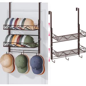 SWTYMIKI Over Door Hat Organizer - 3 Tier Wall Mounted Hat Rack with 2 Adjustable Metal Basket and 3 Hooks, Hanging Baseball Cap Organizer Storage Holds up to 29 Caps for Door, Bedroom, Closet