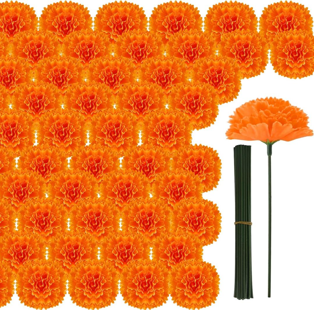 Hananona 50Pcs Artificial Marigold Flower Heads, Silk Marigold Heads Bulk Fake Flowers for Dia De Los Muertos Decor DIY Marigold Garland Day of The Dead Decorations (Orange)