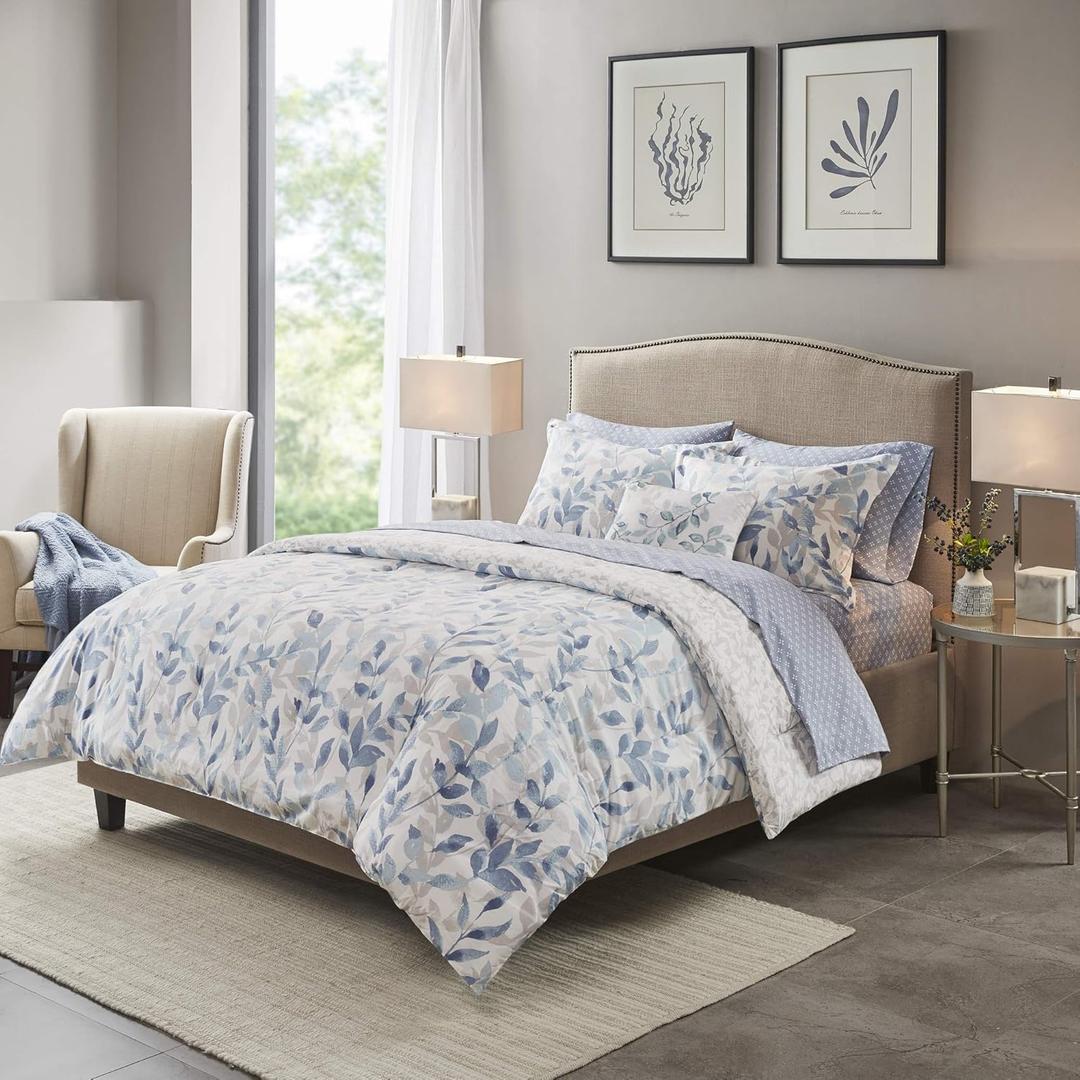 Madison Park Essentials Cozy Bed in a Bag Reversible Comforter with Complete Sheet Set - Modern Botanical Print All Season Cover, Shams, Decorative Pillow, Cal King(104"x92"), Blue 8 Piece (Cal King(104 in x 92 in), Sofia, Blue)