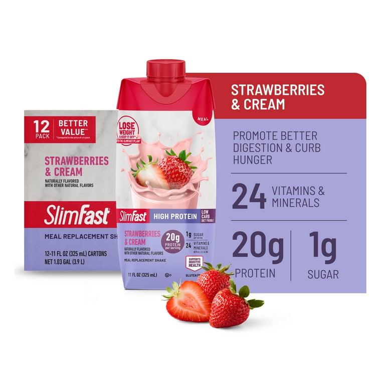 SlimFast Strawberry Protein Shake, 20g Protein, Low Carb & Sugar, 12-Pk, BB Date: 08/13/25