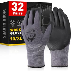 FURWEY Safety Work Gloves,32 Pairs Micro-Foam Nitrile Coated Glove,Seamless Knit Nylon Gloves，Touchscreen, Ideal for Warehouse Package Handling，Construction, Gardening,Medium