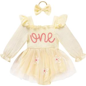 Baby Girl 1st Birthday Clothes One Year Old Tulle Romper Long Sleeve Bodysuit Cake Smash Outfits (12-18 Months, Apricot)