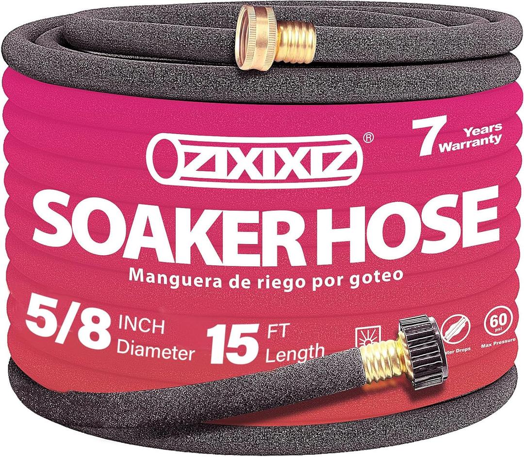 15FT 5/8-Inch Soaker Hose, Flexible with Solid Brass Connector, Leak-Resistant Watering System for Gardens & Vegetable Beds