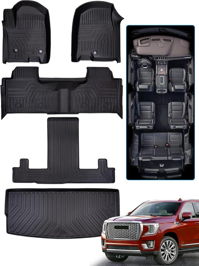 BAMACAR for GMC Yukon for Chevrolet Chevy Tahoe 2021-2025 2026 Floor Mats & Cargo Liner(7 Seats), for Yukon Denali(Not XL)/for Tahoe Accessories(Only 2 Row Bucket Seats) All Weather Car Rubber Carpet
