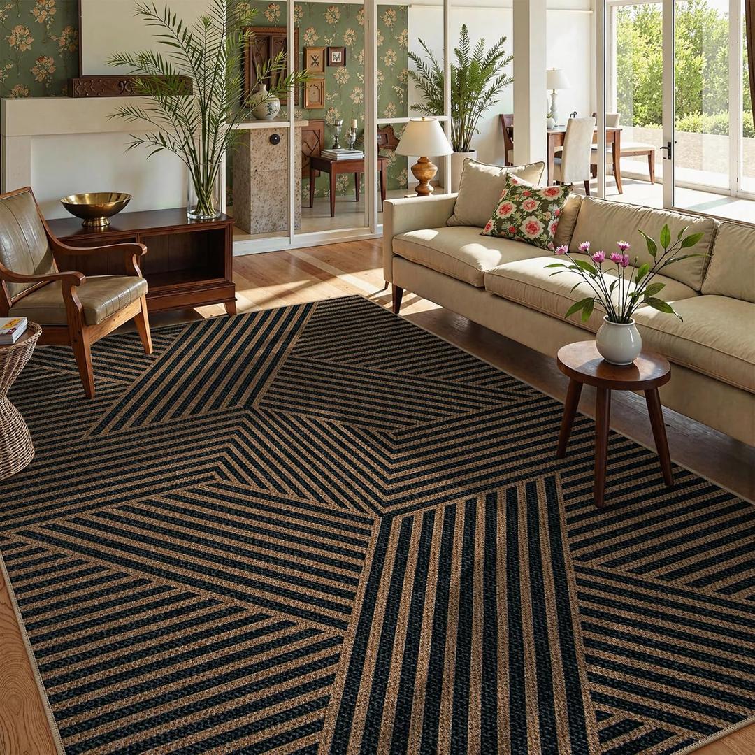Lahome Modern Geometric Easy Jute Carpet, 6x9 Area Rugs for Living Room Outdoor Patio Washable Indoor Outdoor Dining Room Rug, Farmhouse Large Non Slip Carpet for Bedroom Backyard Office (Black/Nature Geometric-2)