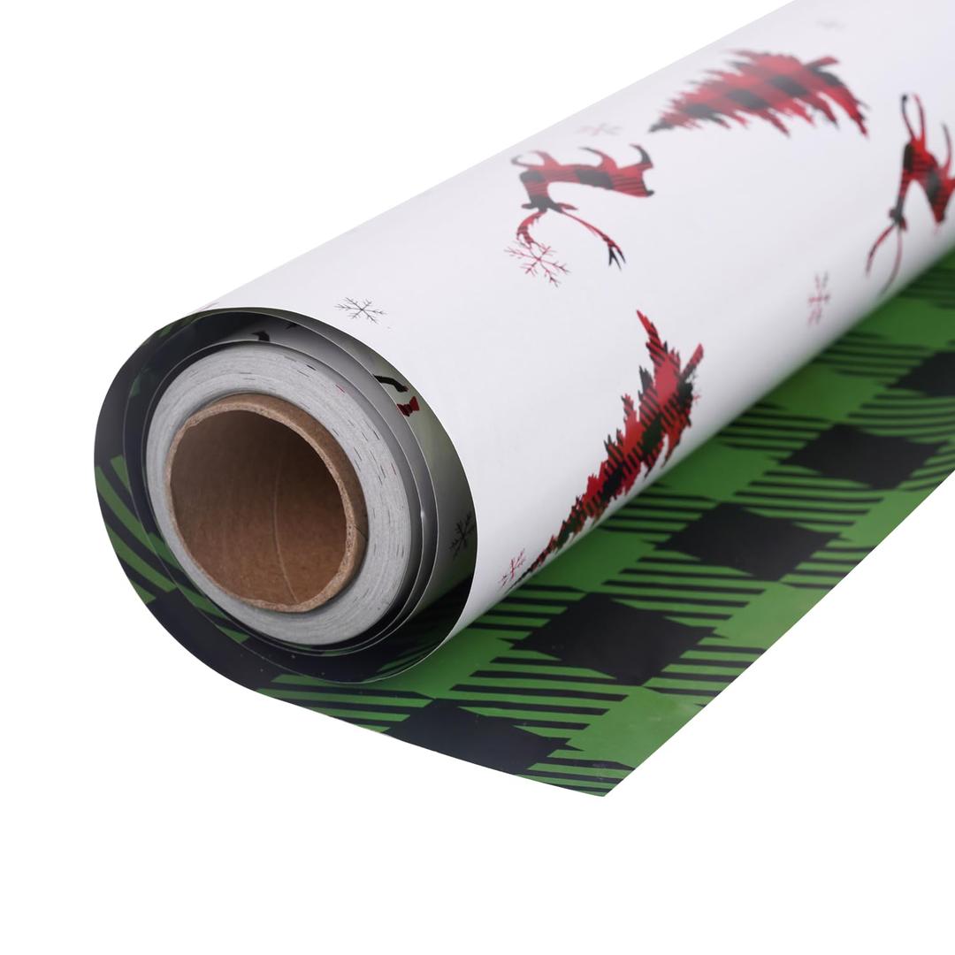 Linelglobal Christmas Wrapping Paper Long Roll Vantage Christmas Tree, Reversible Roll Two Side Wrapping Paper 30x390 Inch - Deer Plaid