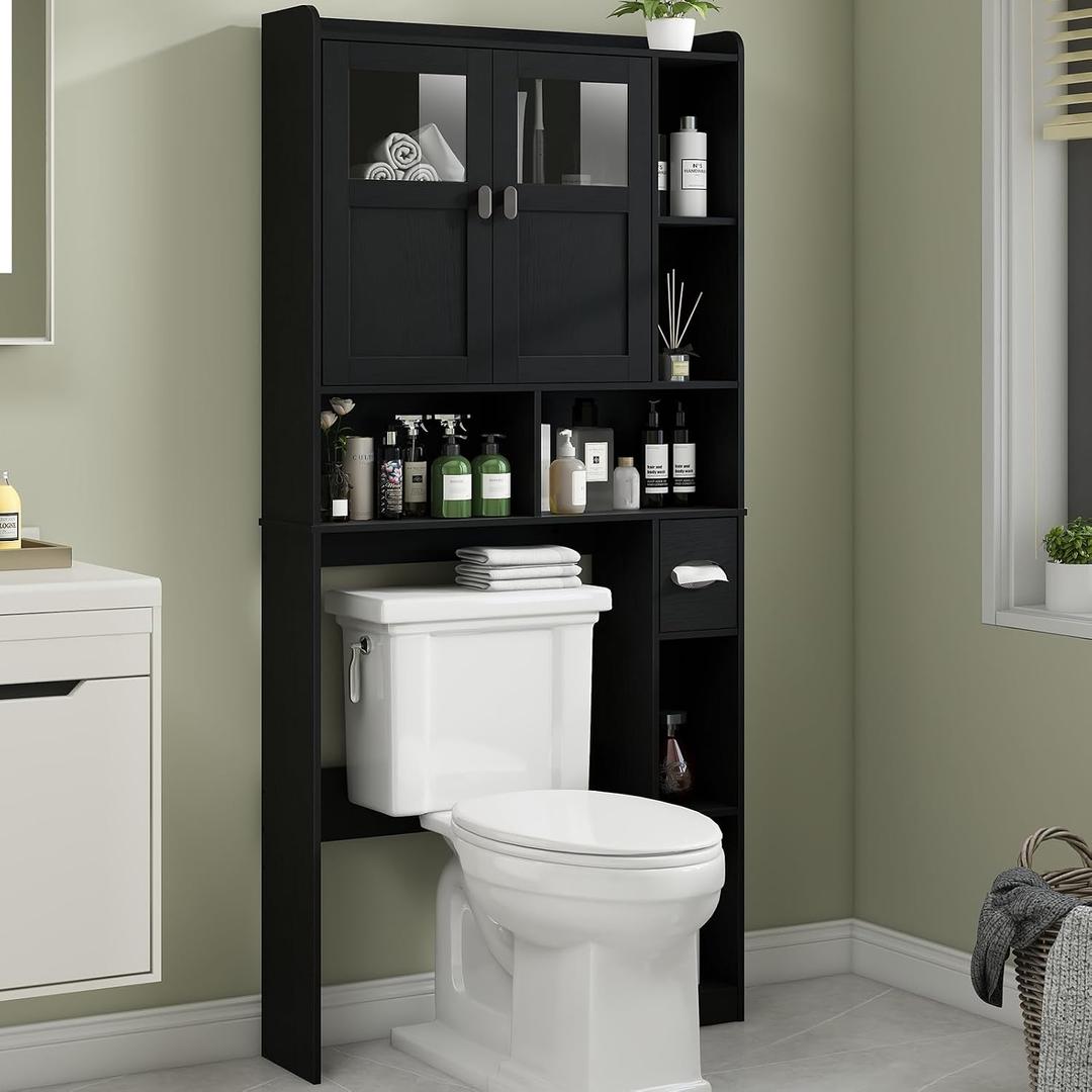 Vabches Over The Toilet Storage Cabinet, Bathroom Shelf Over Toilet with Glass Doors and Adjustable Shelves, Black Freestanding Home Space Save Toilet Rack, for Restroom, Bathroom, Laundry, W31.69''