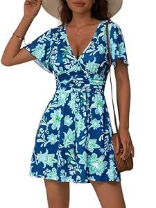 ZABERRY Romper Dress Sexy Summer Outfits Petite Jumpsuits Blue Resort Wear Short Rompers for Women Floral Vacation Coverups, S