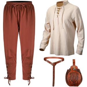 Xtinmee 4 Pcs Halloween Men Renaissance Costume Set Medieval Pirate Viking Costume Shirt Pant Belt Bag (Large, Beige, Brown, Coffee)