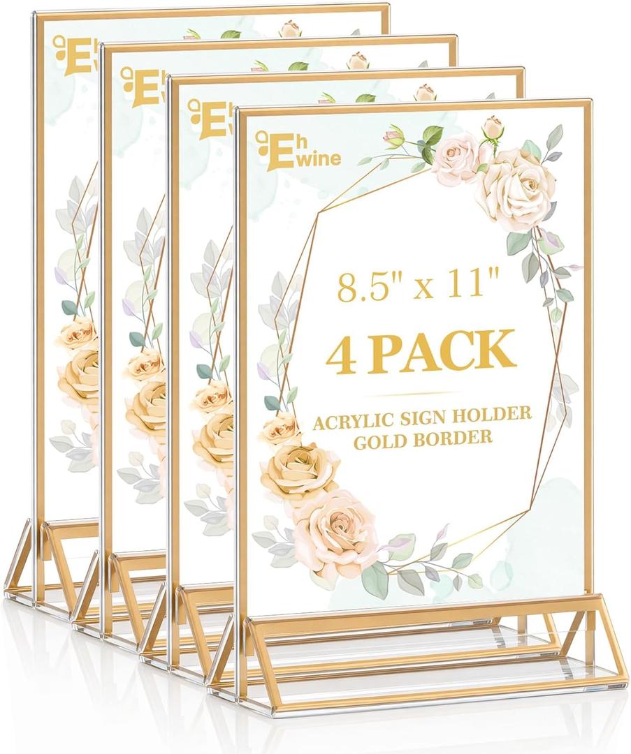 EHWINE 4 Pack Acrylic Sign Holder 8.5 x 11, Double Sided Gold Picture Frame Stand up Table Top Sign Holders, Clear Display Stand Menu Flyer Holder for Wedding Party (Provide Non-slip Mats)