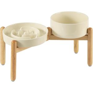 Ceramic Raised Slow Feeder Dog Bowl Set, Elevated 7.3inch Bowl and 8.2inch Puzzle Slow Dish with Wooden Stand for Medium and Large Dog, Anti-Gulping (2X Beige+ Stand)