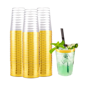 I00000 200 Pack Gold Plastic Cups, 10 oz Clear Plastic Cups Gold Rimmed Disposable Wine Glasses Fancy Disposable Party Cups Wedding Cups Drinking Tumblers Plastic Cocktail Glasses with Gold Rim