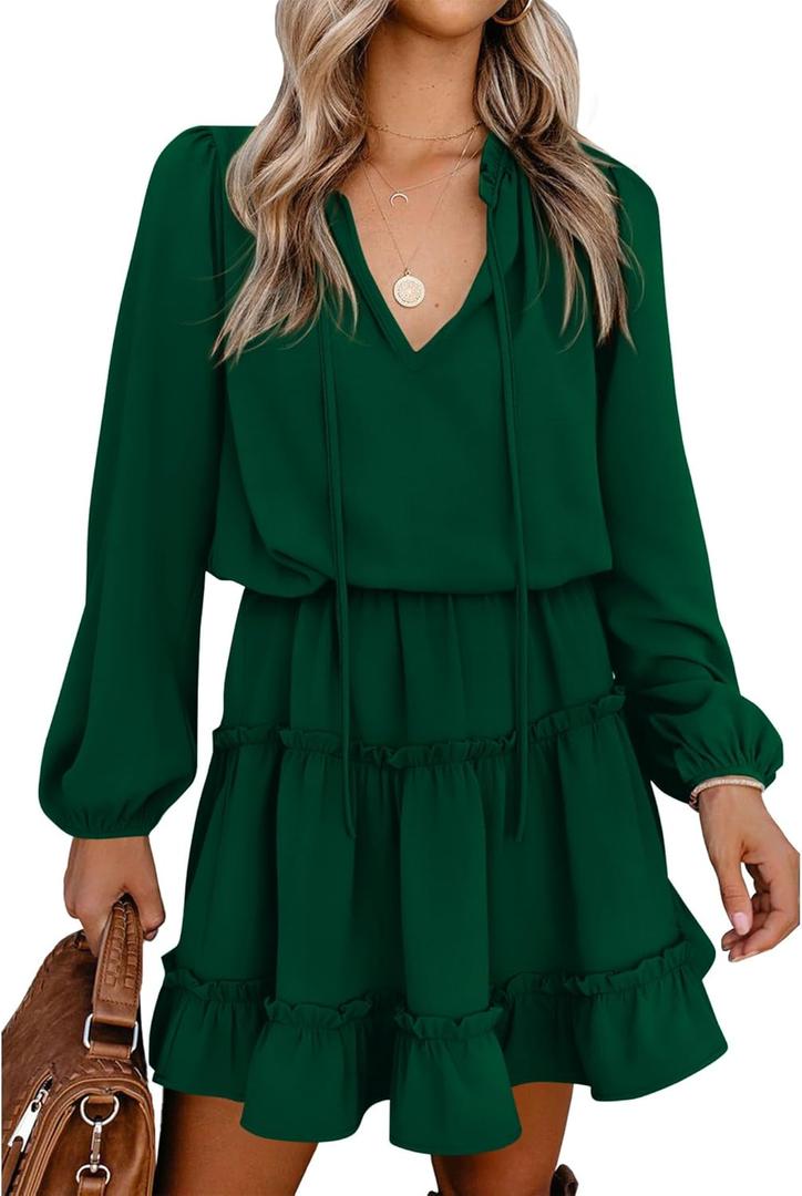 BTFBM Long Sleeve Summer Dresses for Women 2026 Casual Tie Neck Ruffle Tiered A Line Mini Spring Wedding Guest Dress (Medium)