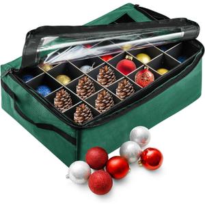 Ornament Storage Box - Zippered Organizer with 48 Individual Compartments and Dividers for Christmas Bulbs and Decorations by Tiny Tim Totes (Green)