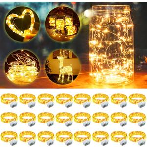 Aogist 24 Pack Fairy Lights 3 Modes 7ft 20 LED Waterproof,Battery Operated Silver Wire Firefly Starry Moon Mini String Lights for Mason Jars Christmas DIY Crafts Wedding Party Bedroom,Warm White