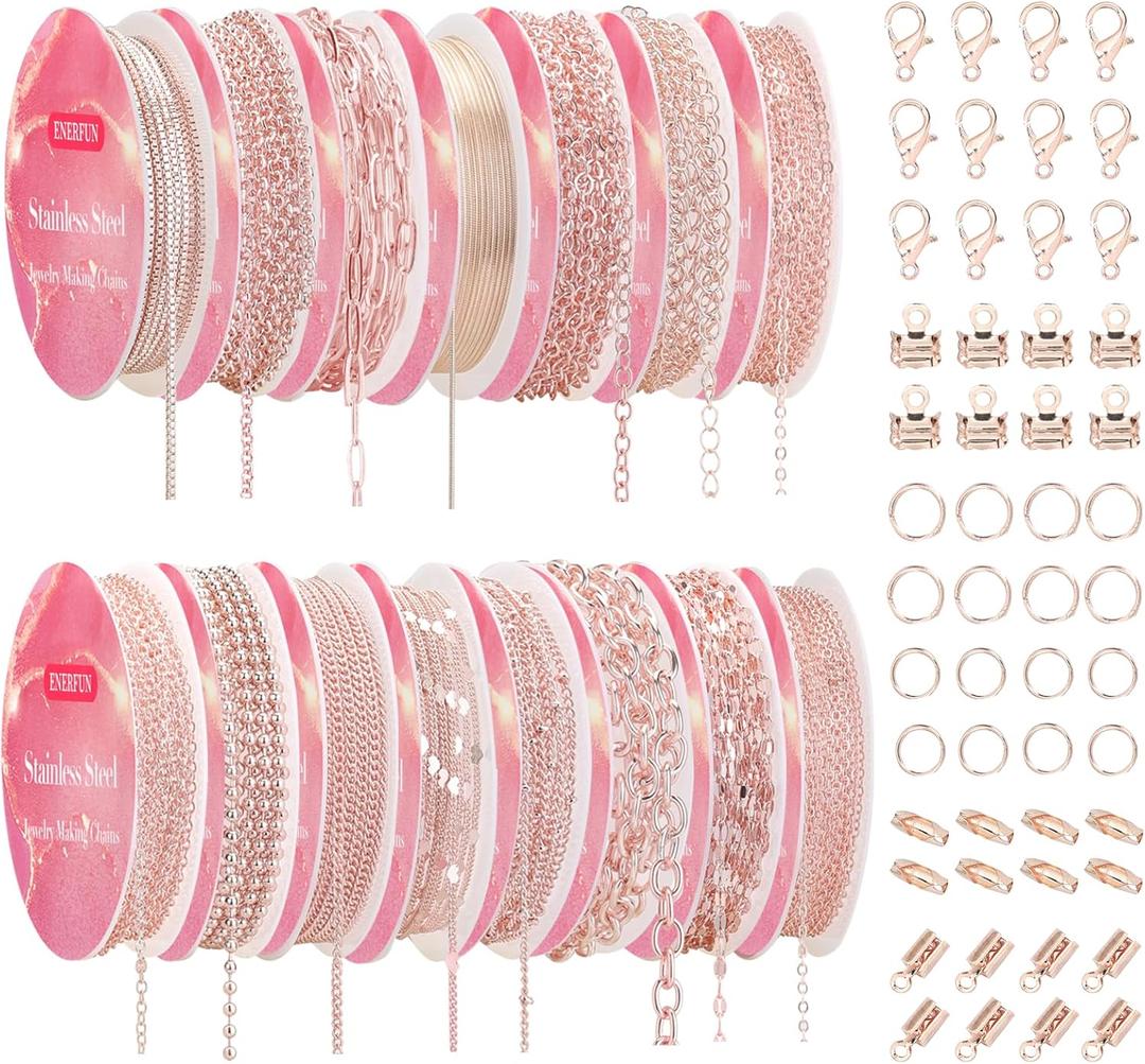 ENERFUN Rose Gold Necklace Chains for Jewelry Making, 112 Feet 15 Rolls Jewelry Chains Bulk for DIY Necklace Bracelet Jewelry Making Accessories with Jump Rings Lobster Clasps Connectors