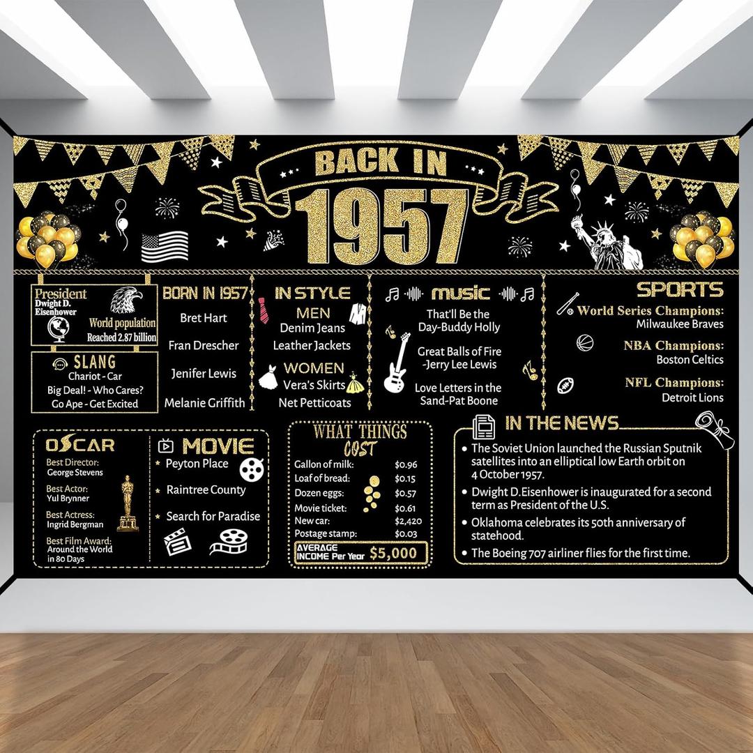 69th Decorative Cloth for Women or Men, Birthday Banner With Holes, Built-in White Ribbon 1957 69th Year for Mother Dad Old Happy Birthday Banner, OutdoorIndoor Bday Background Decor