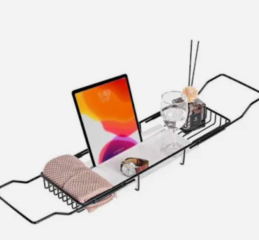 MARBBNEST Bathtub Tray Caddy for Luxury Bath Expandable Extra Wide Bath Tub Tray with Natural Marble Tray and Mobile/Tablet Stand, Ideal for Home Spa Lovers(Black + Jazz White)