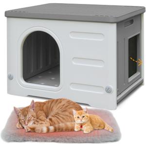 Waterproof Cat House for Outdoor Cats, Plastic Feral Cat House with Escape Door and Soft Mat, Large Indoor Cat Shelter for Mutiple Cats - Grey