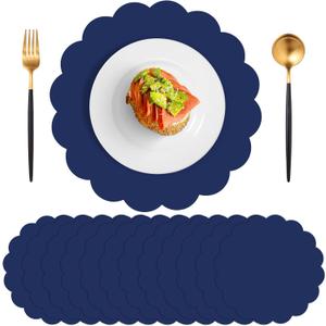 60 Pcs Navy Blue Paper Placemats, 13.5 Inch Disposable Scalloped Placemat Round Table Place Mats Decorative Paper for Birthday Wedding Banquet Holiday Graduation Celebration Party