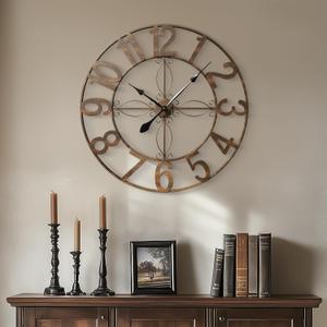 30 Inch Wall Clock, Large Decorative Wall Clock for Living Room, Silent Non-Ticking Battery Operated Metal Round Retro Rustic Arabic Numerals Analog Bronze Clock for Kitchen Mantel Office